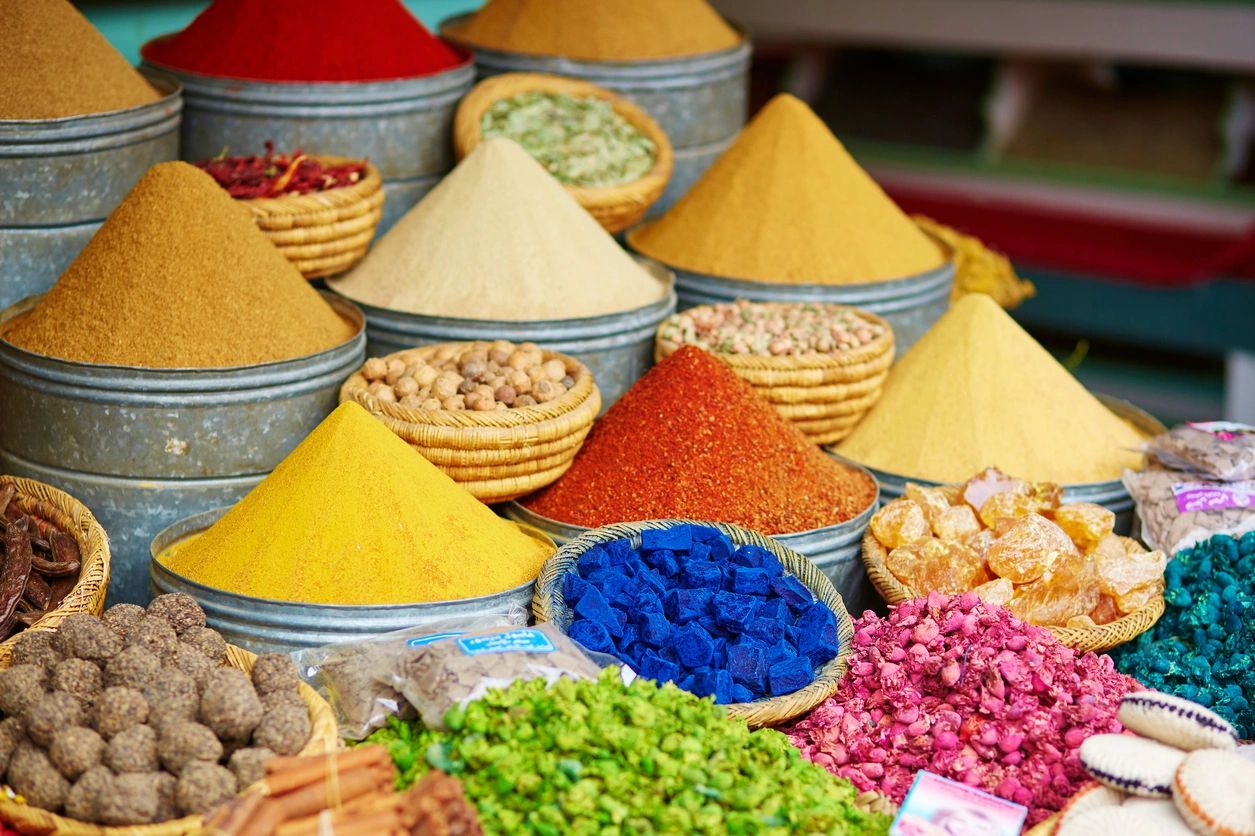 Colorful dried herbs array